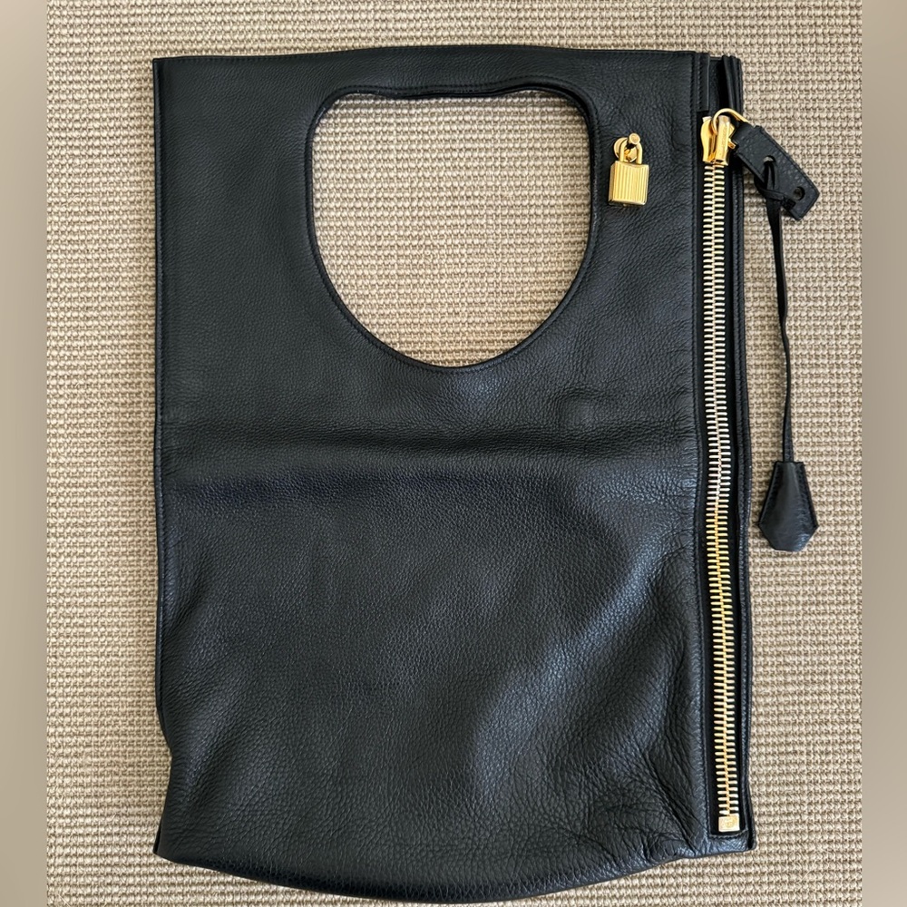 Tom Ford Grain Leather Flat Alix Black Padlock Zip Foldover Bag Clutch Handbag
